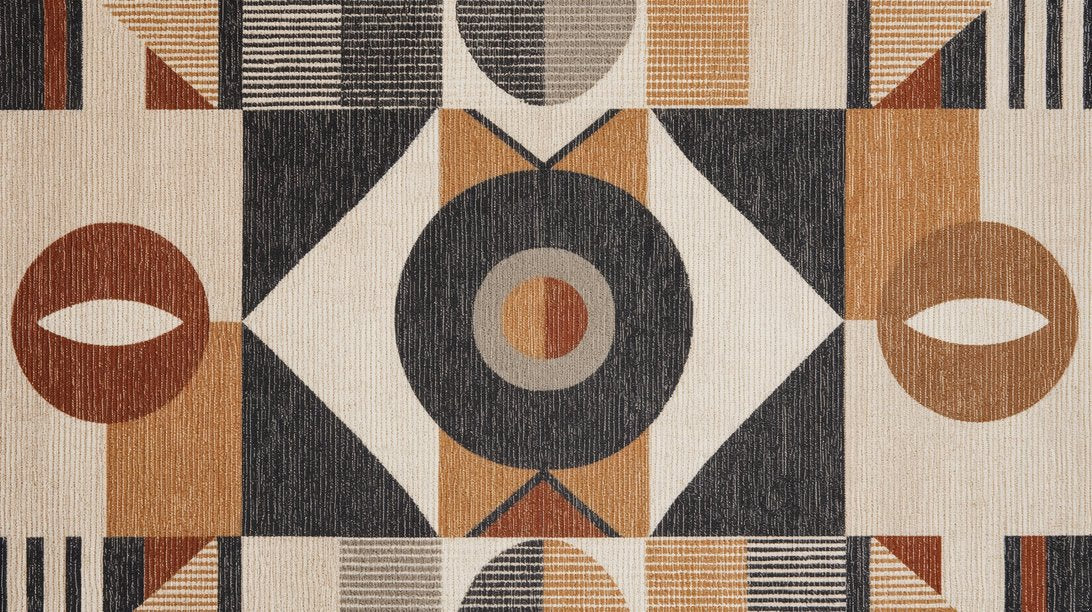 Art Deco geometric mural wallpaper featuring bold circles and diamonds in terracotta, black, and cream tones