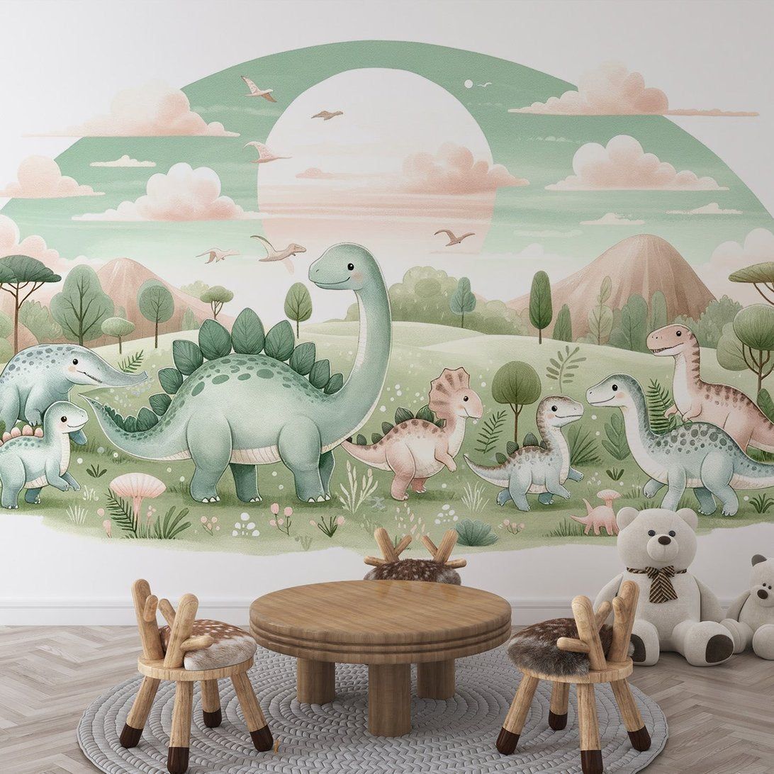 Pastel dinosaur mural wallpaper showing cute prehistoric scene with gentle dinosaurs under moonlit sky