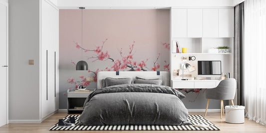 Japanese Cherry Blossom mural wallpaper in modern grey bedroom with white furniture