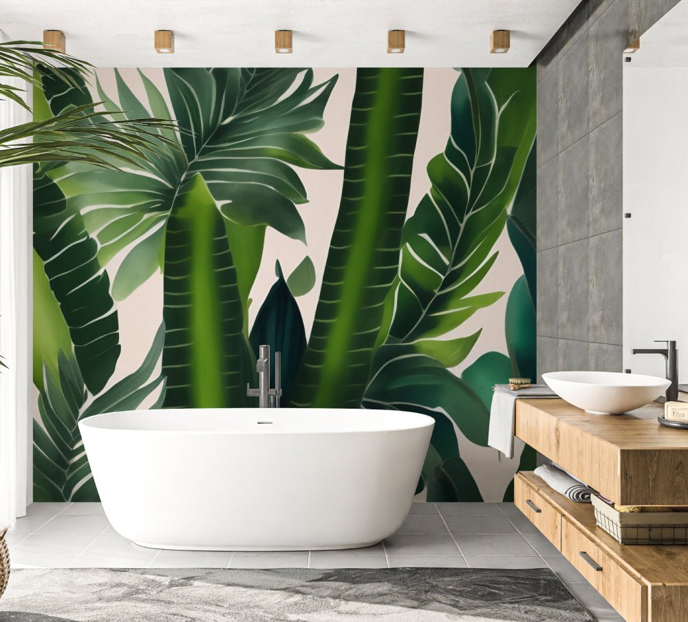 Palm leaf mural wallpaper installation in modern interior