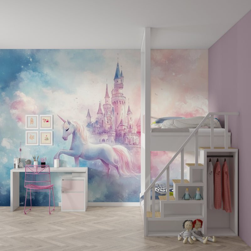 Pink and blue unicorn castle wallpaper installation in modern nursery with gray armchair