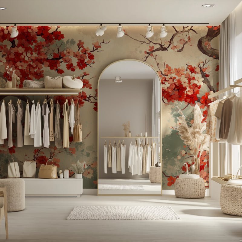 Elegant walk-in closet showcasing Japanese Cherry Blossom mural wallpaper with red sakura design