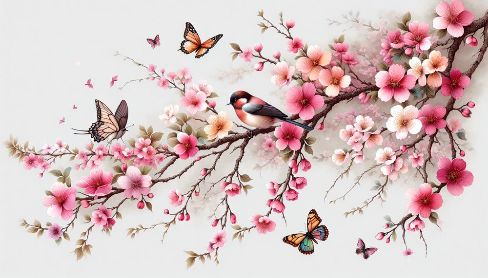 Detailed view of Japanese cherry blossom wallpaper design with monarch butterflies and red bird perched on flowering branch