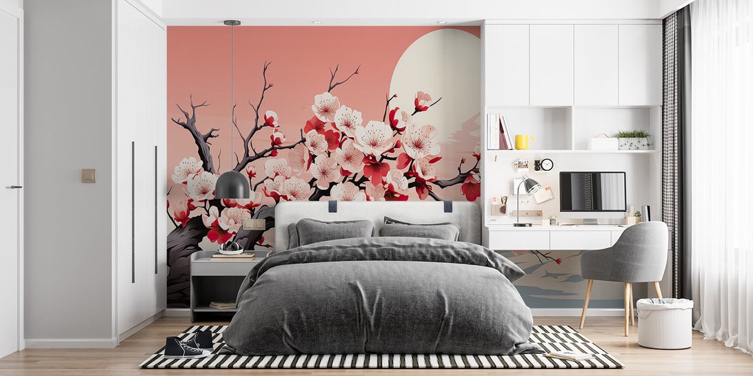 Panoramic view of cherry blossom mural wallpaper with desert landscape