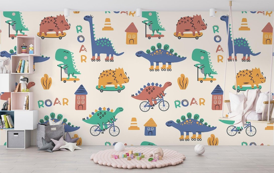 Close-up view of pastel dinosaur mural wallpaper featuring playful prehistoric creatures on wheels in a modern nursery