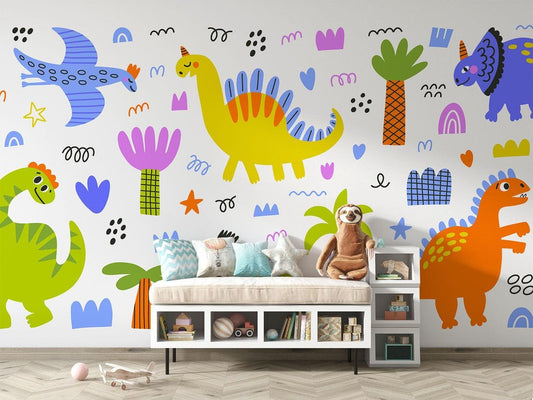 Colorful dinosaur mural wallpaper with playful design in children's reading nook