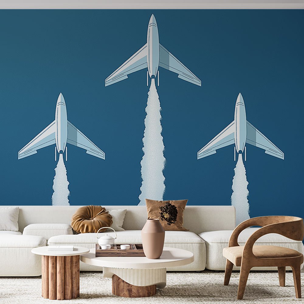 Modern aircraft mural wallpaper showing three white planes in formation against deep blue background in contemporary living room setting