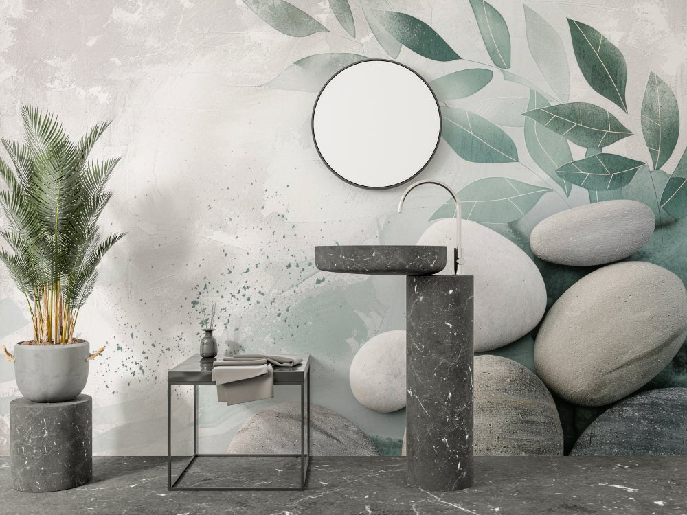 Close-up detail of sage leaves and pebbles mural wallpaper in spa-like setting