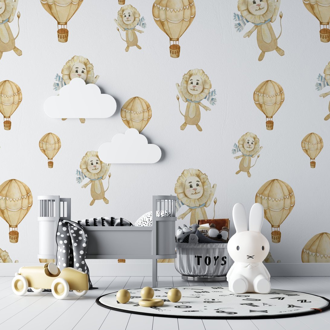 Detailed view of watercolor lions and hot air balloons wallpaper pattern