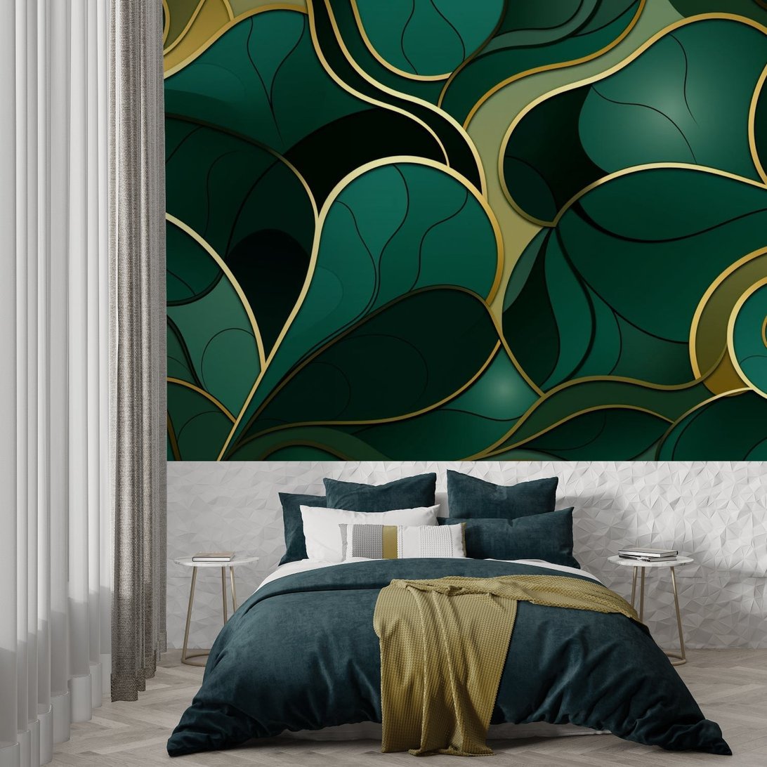 Close-up of emerald green and gold geometric leaf design wallpaper