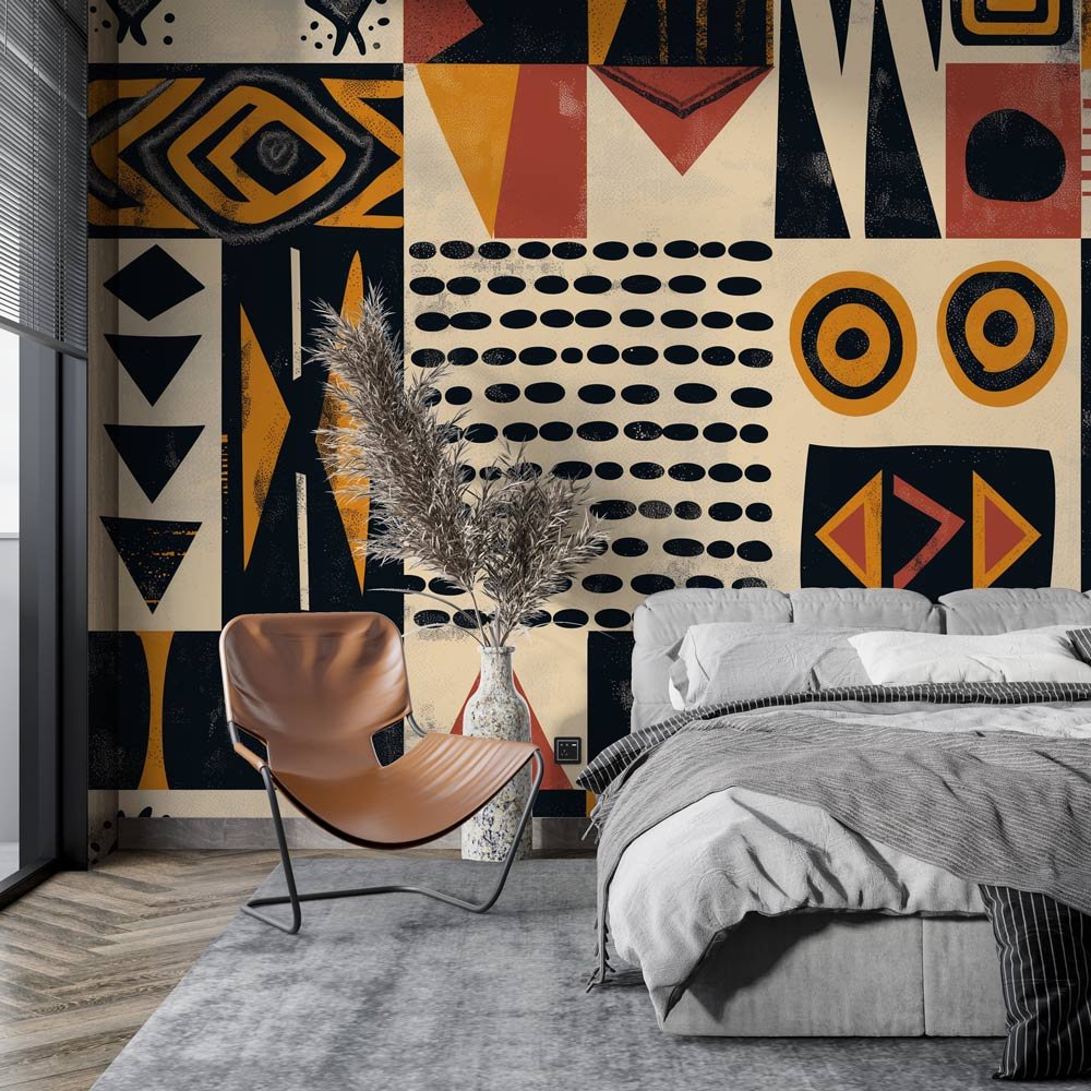 Modern tribal geometric mural wallpaper in terracotta and gold tones showcased in a contemporary bedroom setting