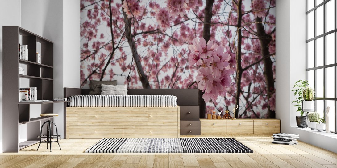 Japanese Cherry Blossom wallpaper in contemporary bedroom with wooden furniture