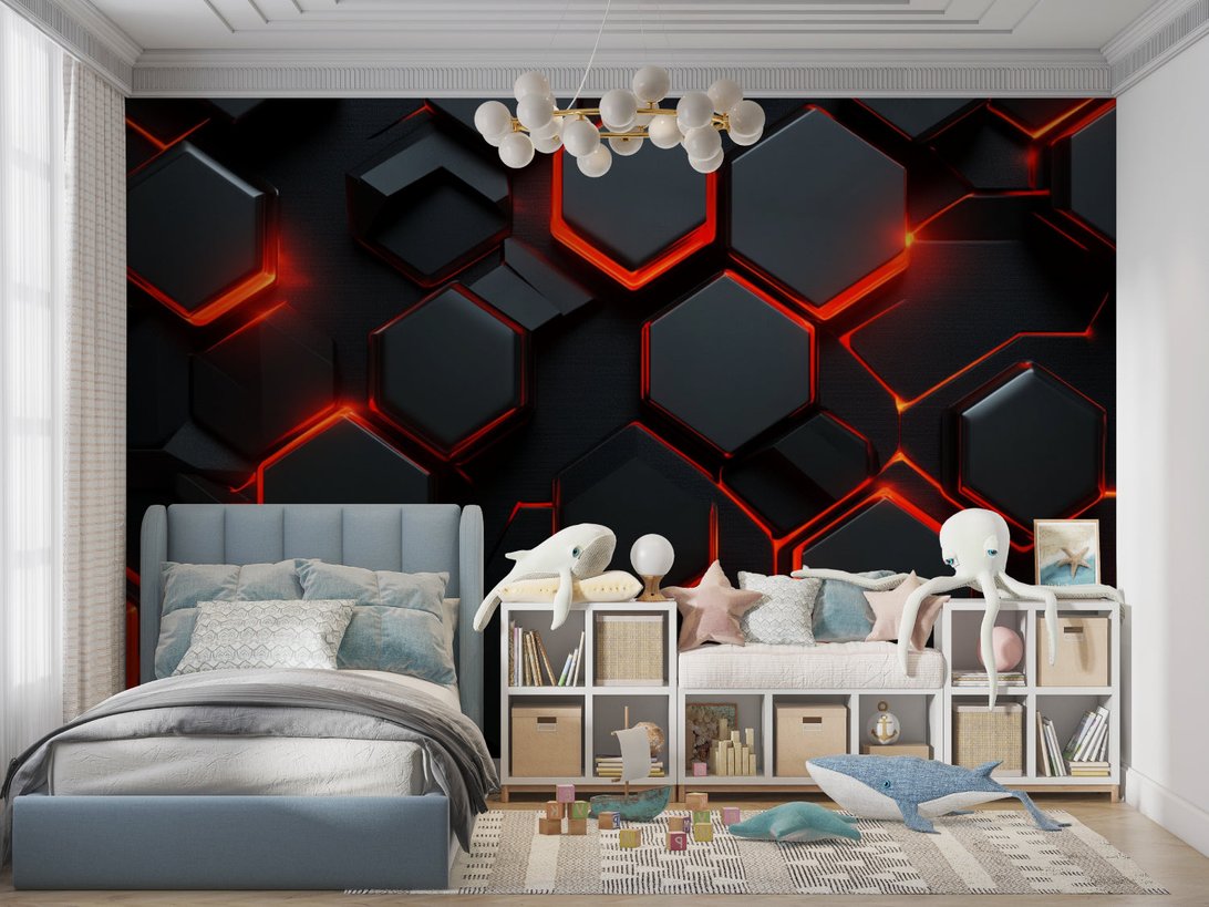 Gaming room decorated with geometric hexagon mural wallpaper in black and red