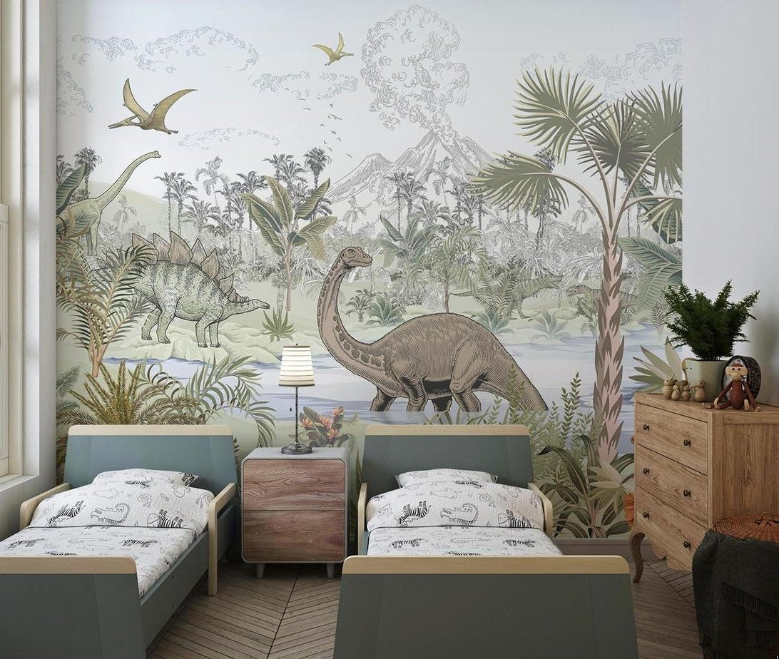 Close-up view of dinosaur mural wallpaper showing intricate tropical foliage details
