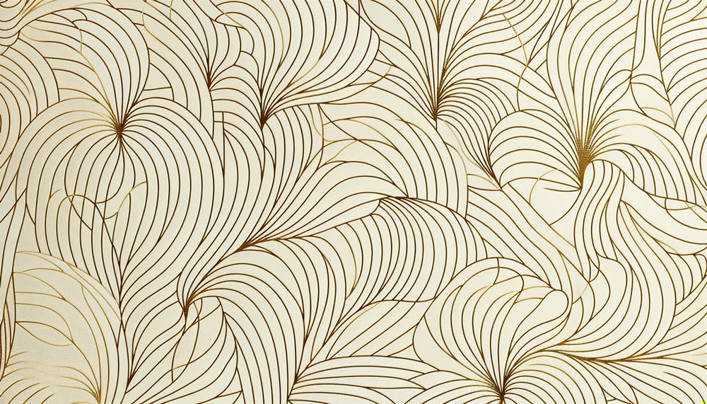 Close-up detail of Art Deco golden feathers pattern on beige mural wallpaper