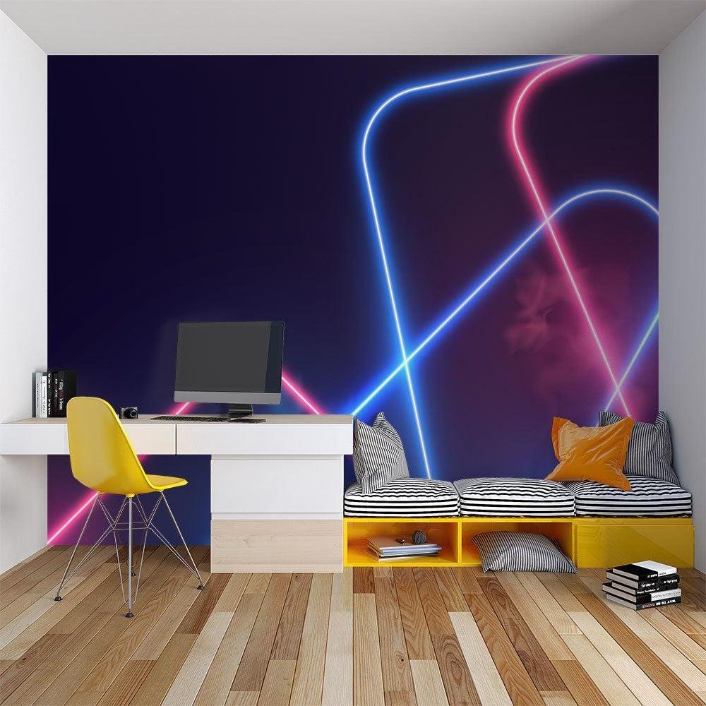 Close-up of neon geometric pattern mural wallpaper with blue and pink lines