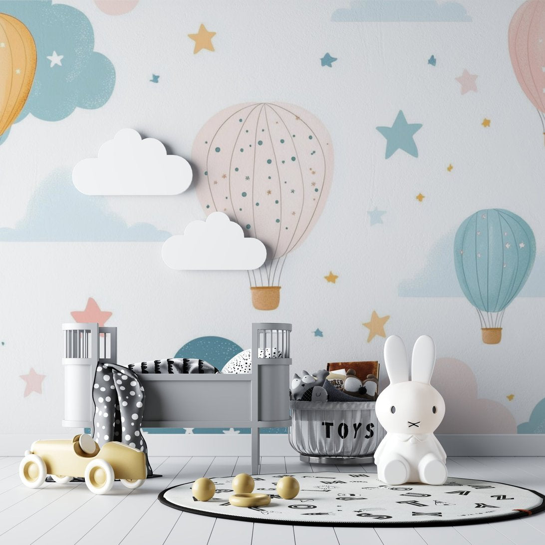 Children's room decorated with pastel hot air balloon mural wallpaper and modern toys