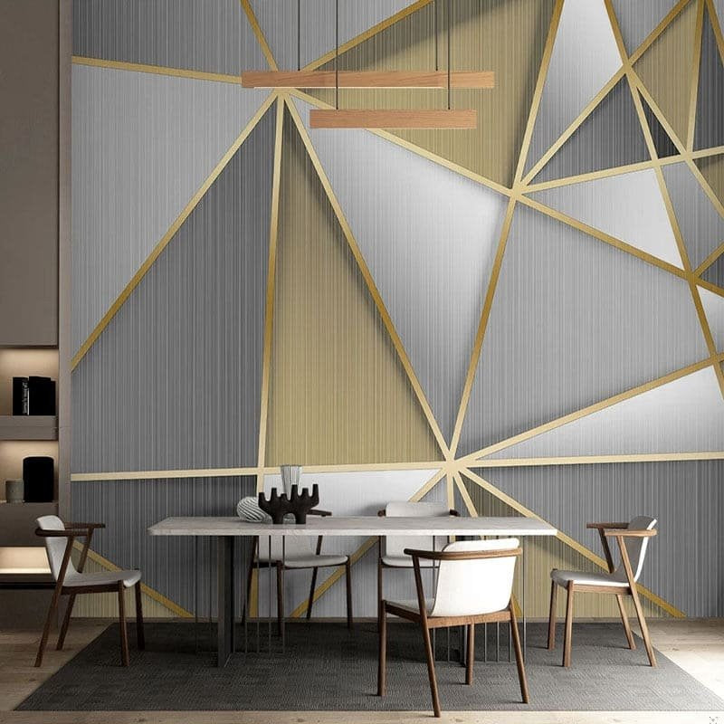 Geometric mural wallpaper with metallic gold patterns in contemporary dining room