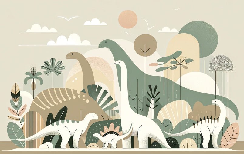 Close-up of the dinosaur mural wallpaper design showing stylized prehistoric creatures in a minimalist Scandinavian landscape