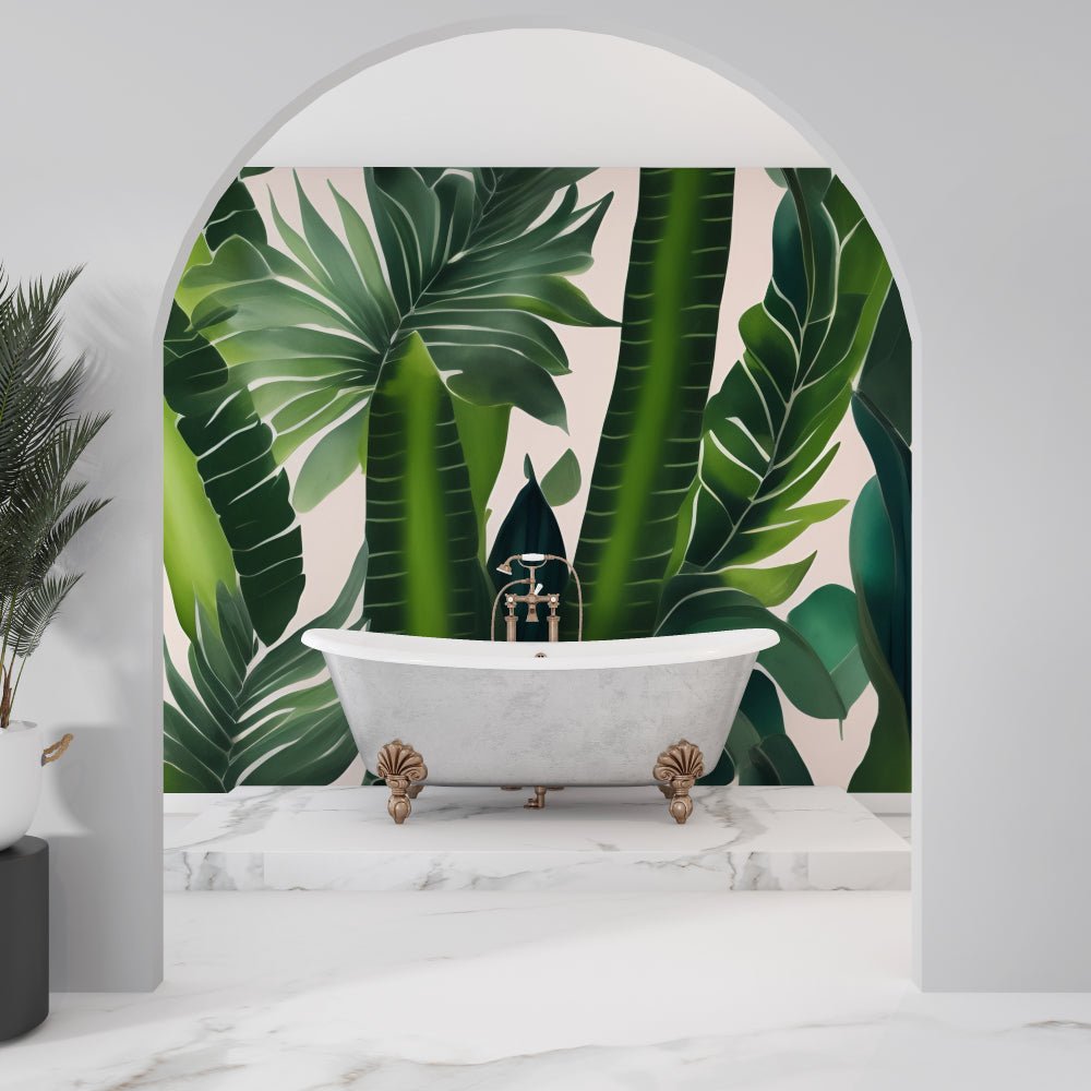 Luxury bathroom featuring tropical palm leaf mural wallpaper with freestanding bathtub