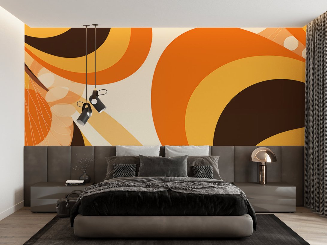 Retro orange circles mural wallpaper in contemporary bedroom with modern furniture