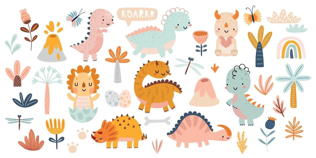 Panoramic view of pastel dinosaur wall mural in contemporary nursery setting