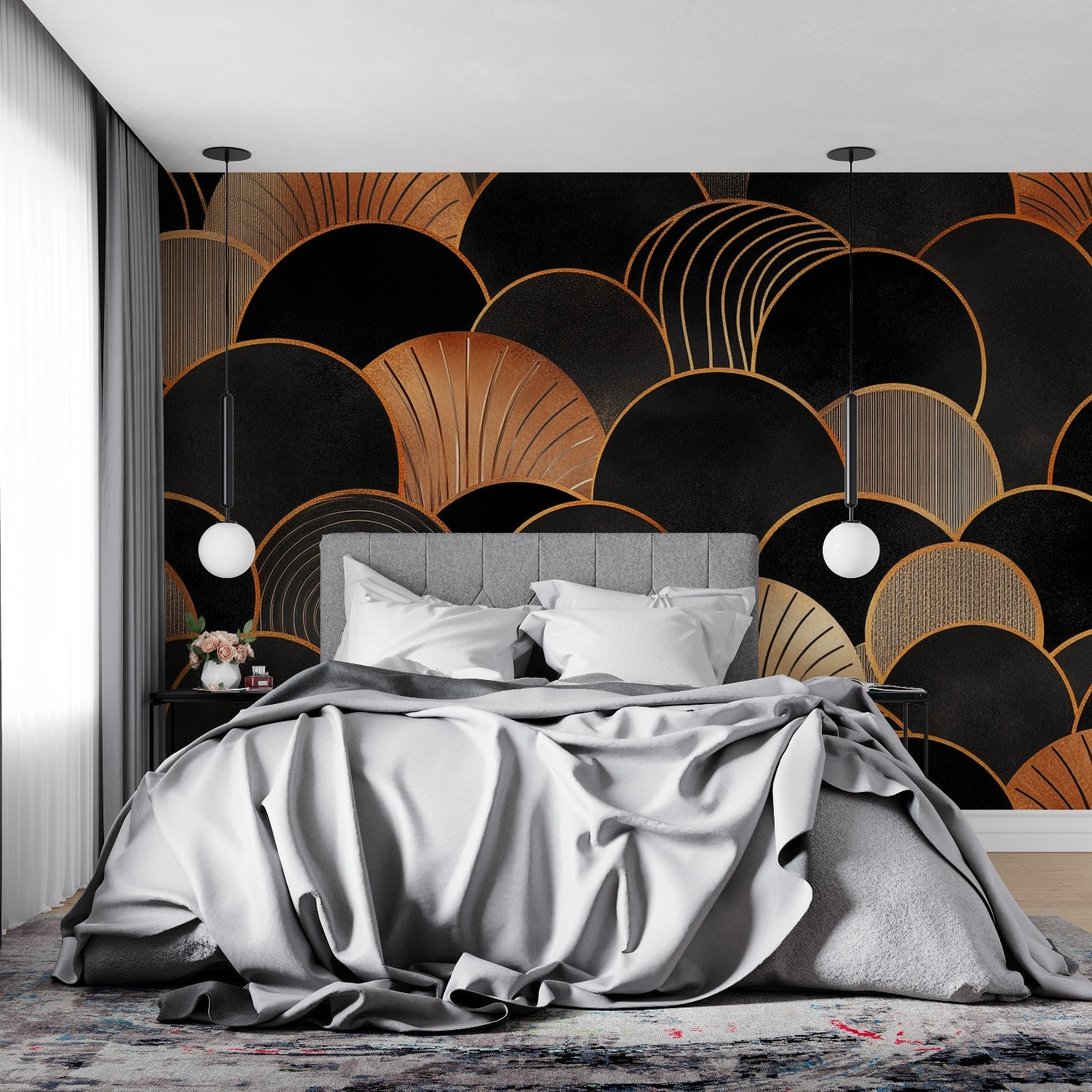 Close-up of black and gold geometric arch pattern mural wallpaper with pendant lights