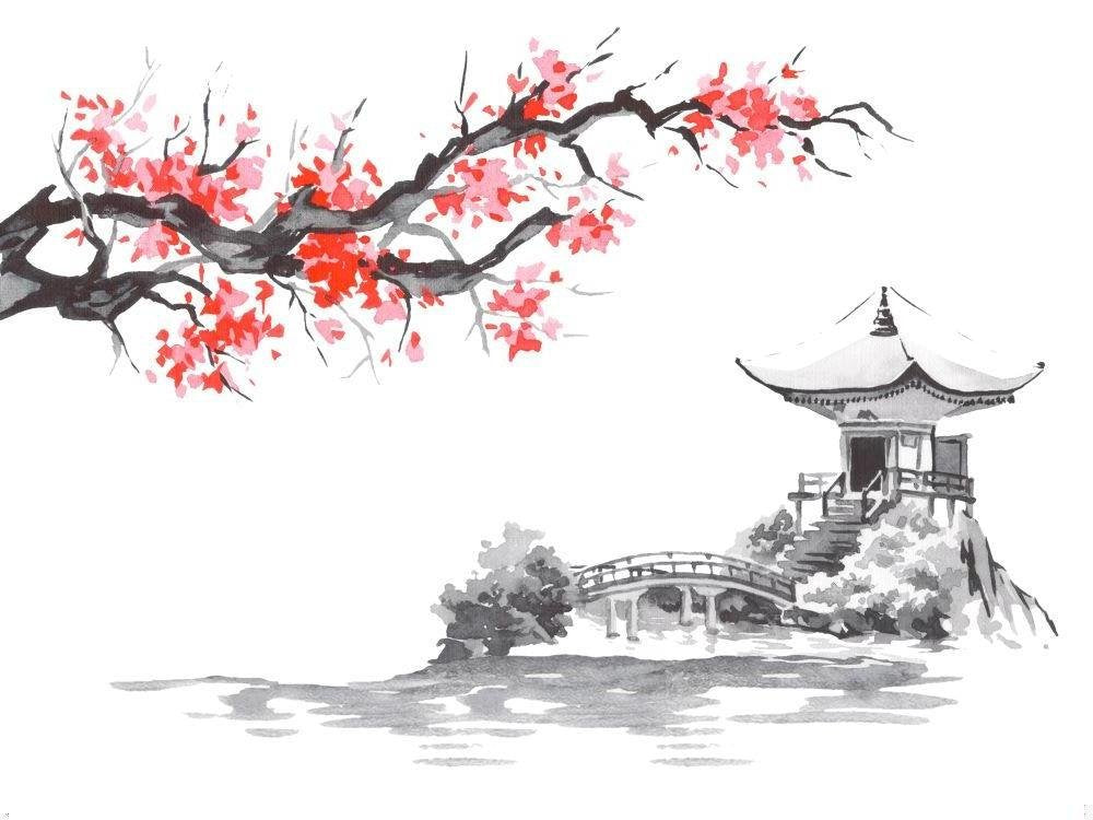 Japanese temple and sakura mural wallpaper design with watercolor effect