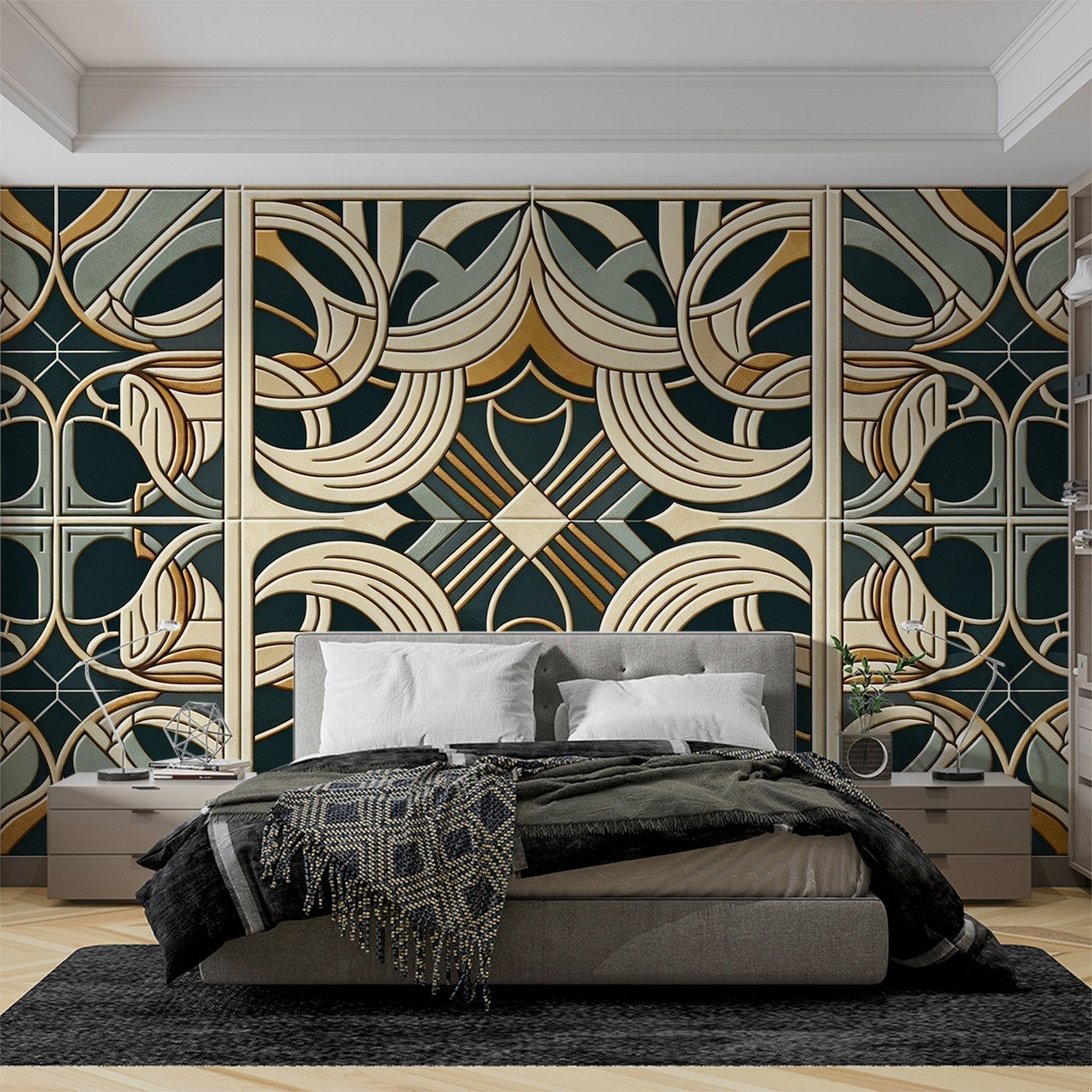 Art Deco geometric mural wallpaper in emerald green and gold showcased in a modern bedroom setting