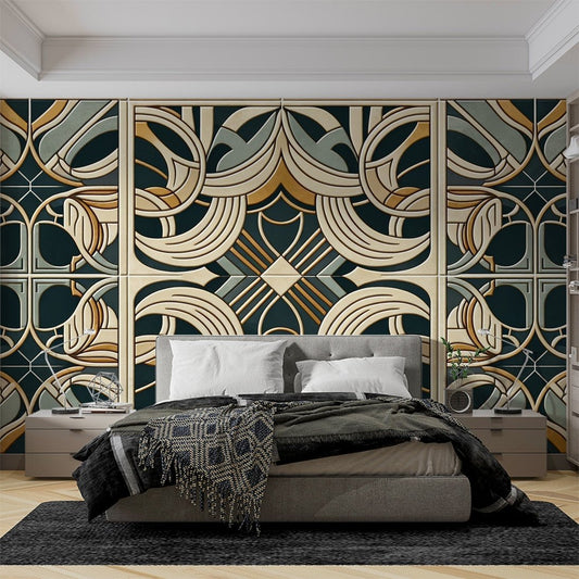 Art Deco geometric mural wallpaper in emerald green and gold showcased in a modern bedroom setting