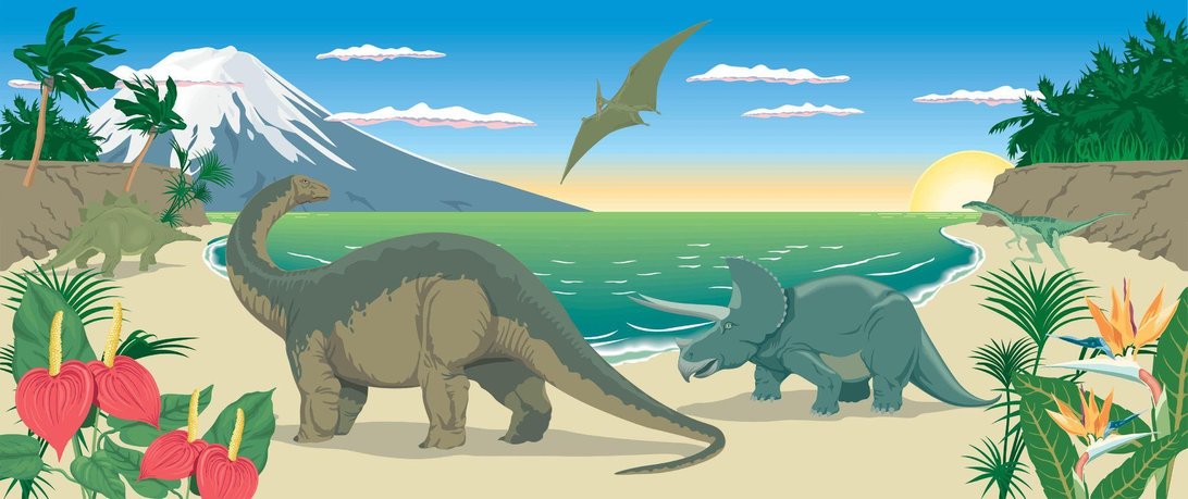 Panoramic view of prehistoric mural wallpaper with mountain backdrop