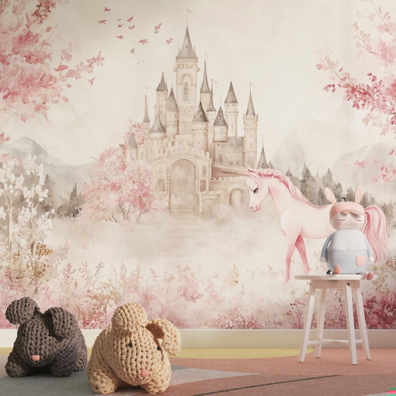 Fairy tale castle wallpaper with pink unicorn in children's playroom