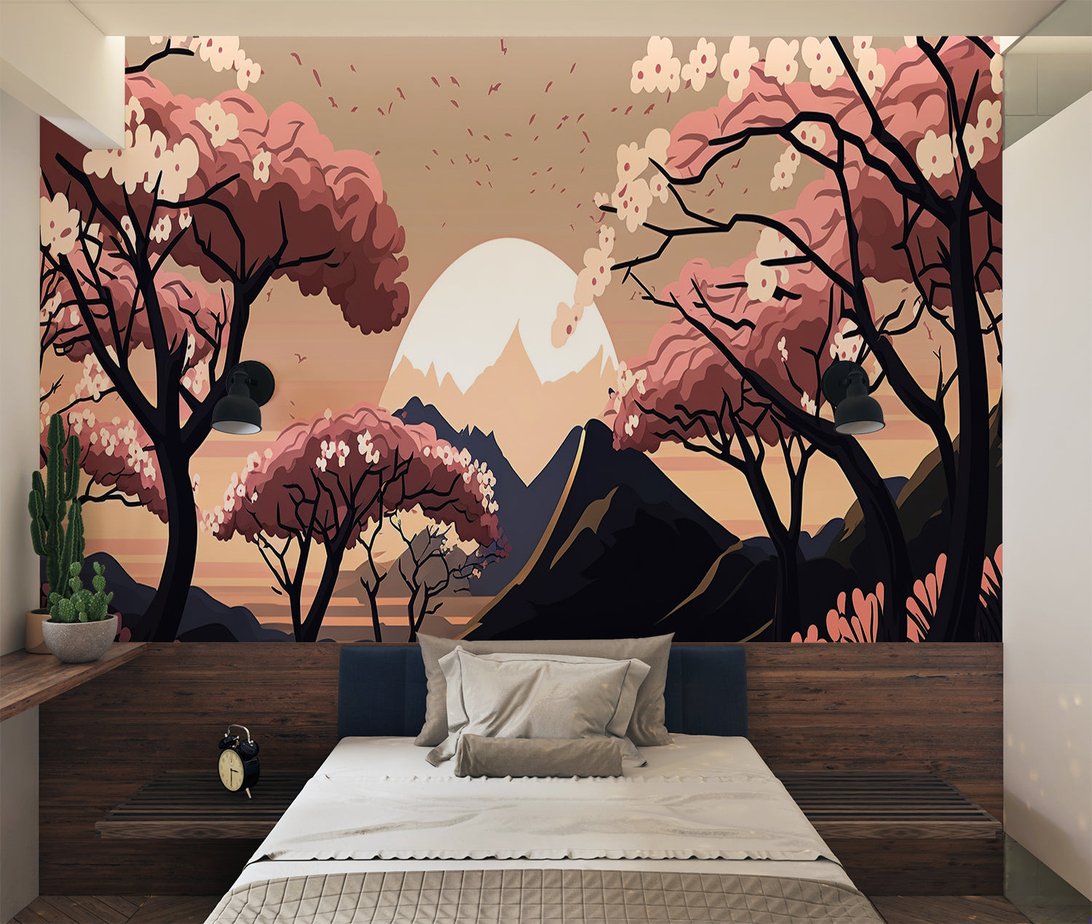 Japanese cherry blossom mural wallpaper with snow-capped mountain at sunset in bedroom setting