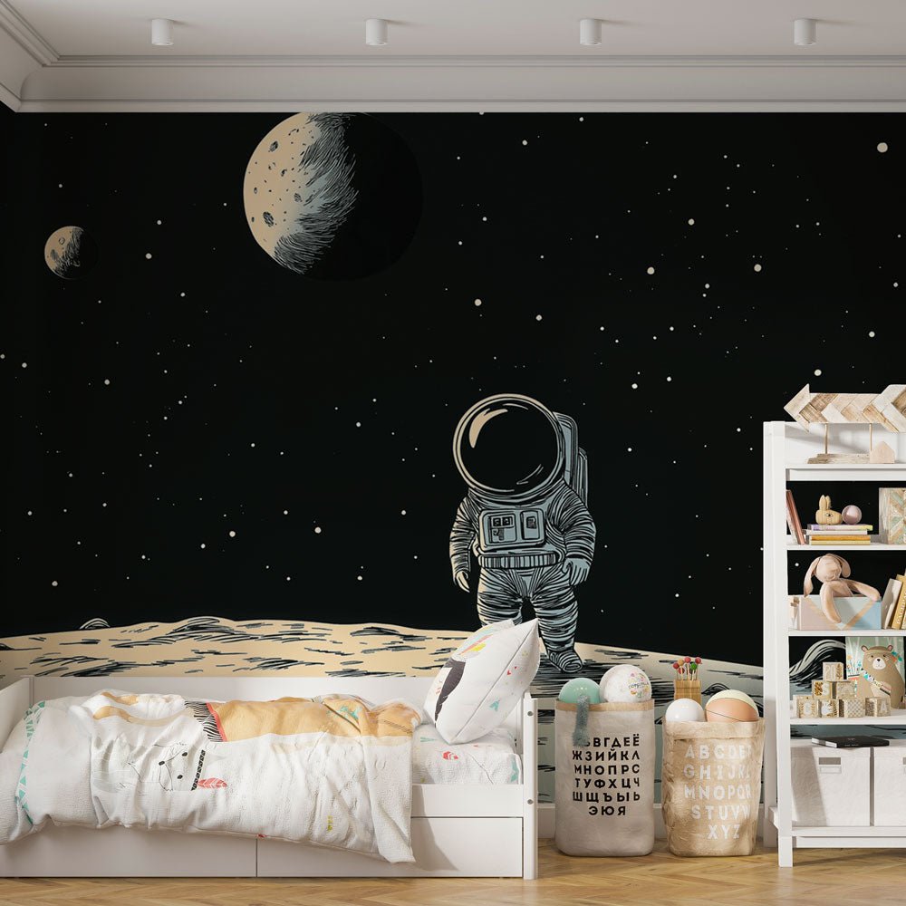 Space Explorer mural wallpaper showing astronaut on moon surface with planets and stars, displayed in a modern children's bedroom