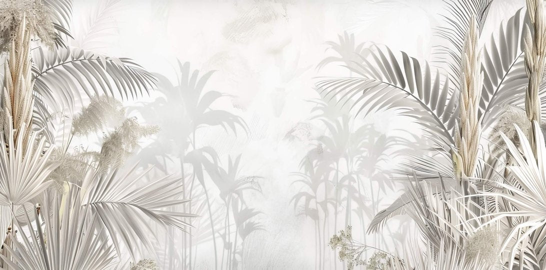 Panoramic view of tropical palm leaves mural wallpaper installation