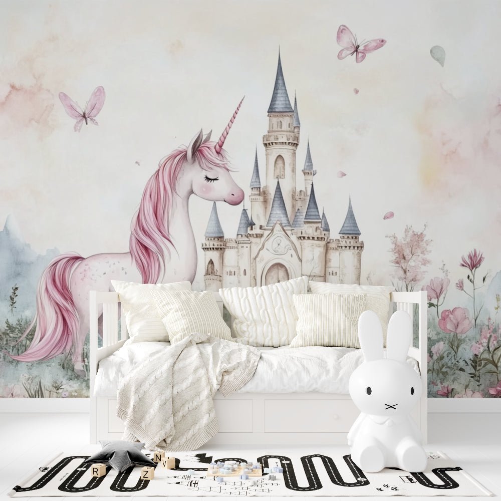 Dreamy castle and unicorn wallpaper mural in children's room