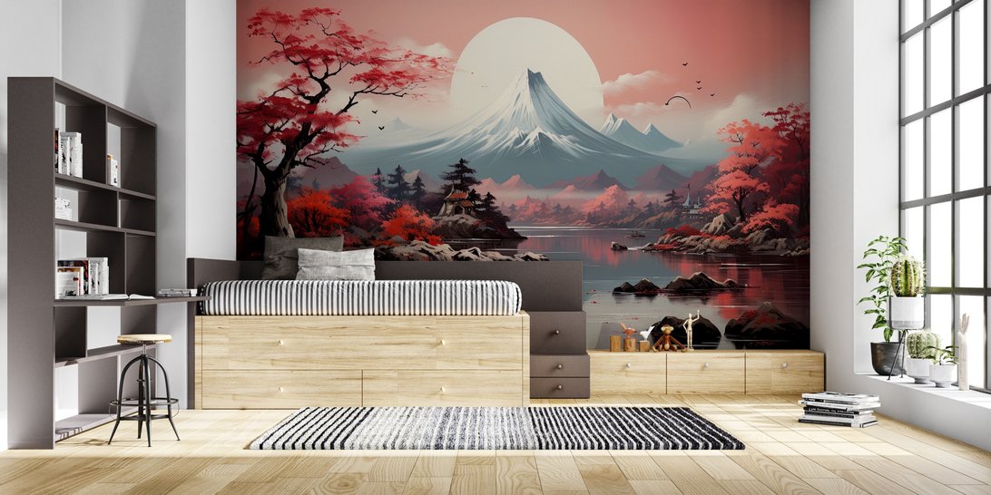 Mount Fuji wall mural with cherry blossoms in a contemporary bedroom design