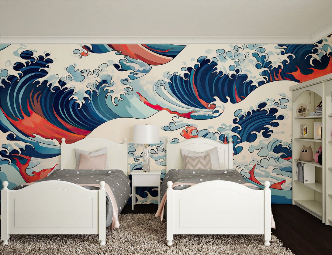 Japanese wave mural wallpaper creating dramatic impact in children's bedroom with twin beds
