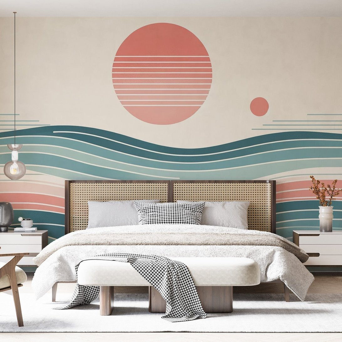 Japanese minimalist mural wallpaper with waves and coral sun design shown in modern bedroom setting
