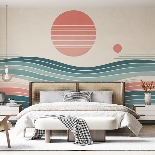 Japanese minimalist mural wallpaper with waves and coral sun design shown in modern bedroom setting
