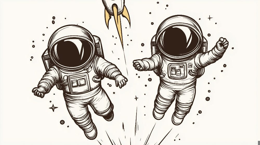 Close-up of black and white astronaut design with golden rocket detail