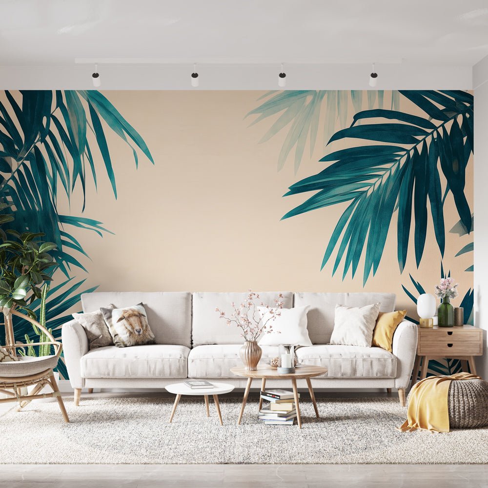 Palm leaf mural wallpaper in modern living room with beige sofa and tropical decor