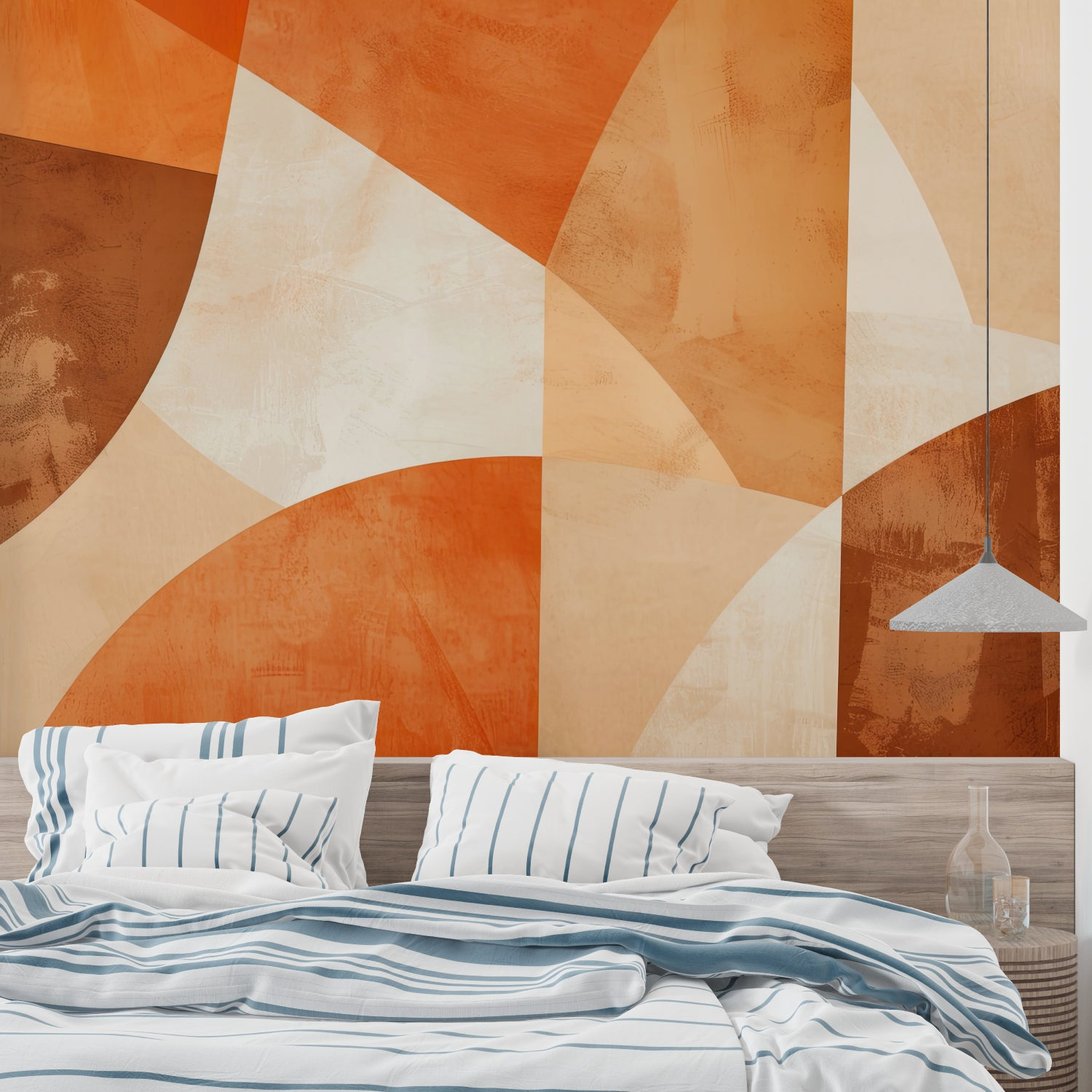 Geometric mural wallpaper with abstract curves in terracotta and beige tones shown in bedroom setting