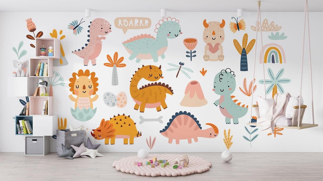Detailed view of dinosaur wall mural showing gentle prehistoric scene with flowers and butterflies