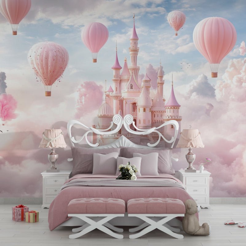 Princess castle mural wallpaper in an elegant bedroom setting with pink and gray decor