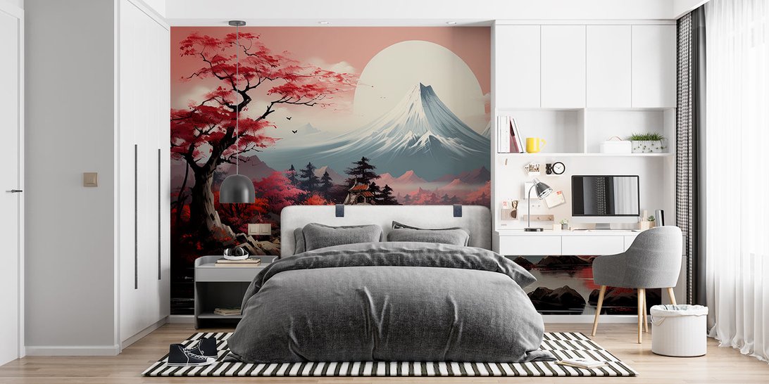 Panoramic view of Mount Fuji mural wallpaper with pink cherry blossoms