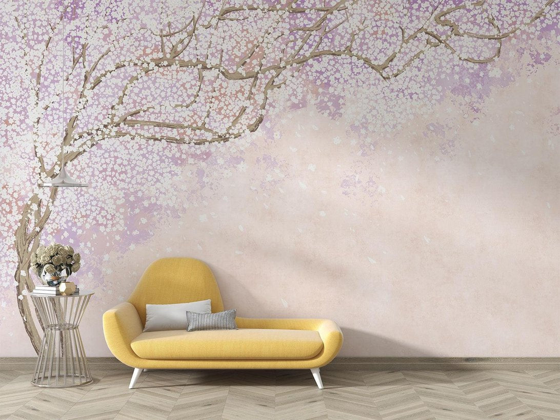 Japanese Cherry Blossom mural wallpaper in minimalist room setting