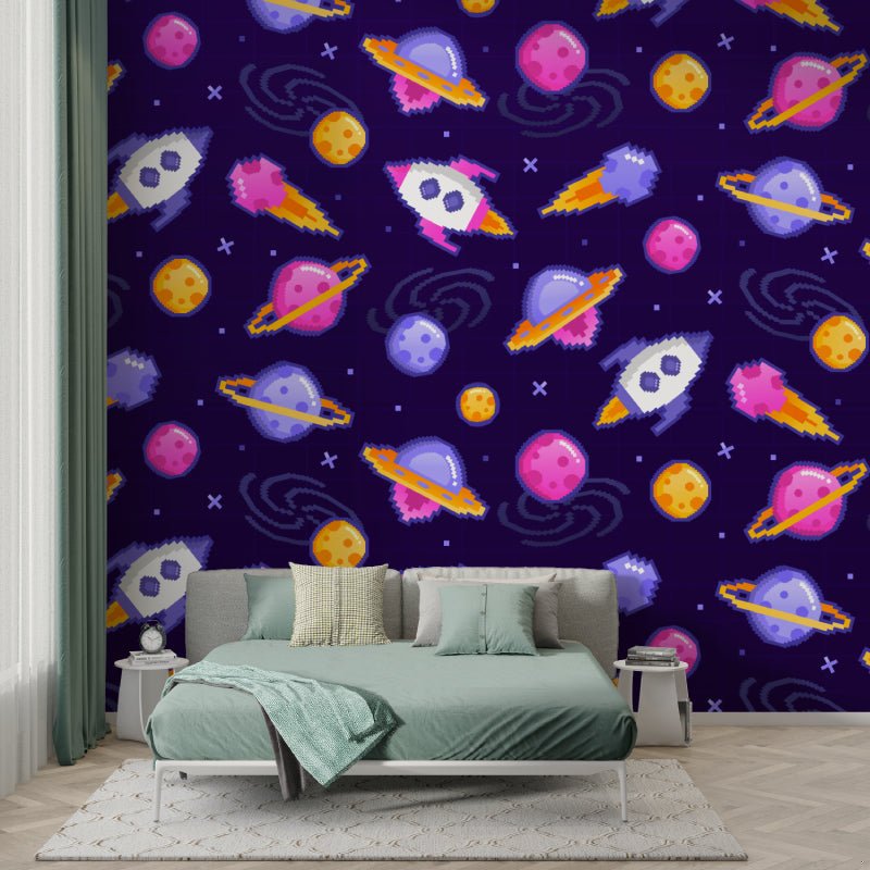 Space Adventure Pixel Art Mural Wallpaper in modern kids bedroom setting