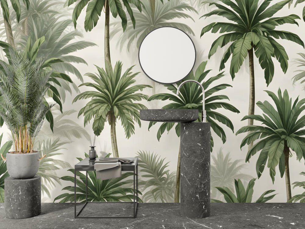 Modern bathroom vanity with palm tree mural wallpaper and black accents