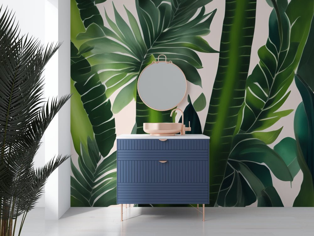Modern bathroom vanity against tropical palm leaf mural wallpaper